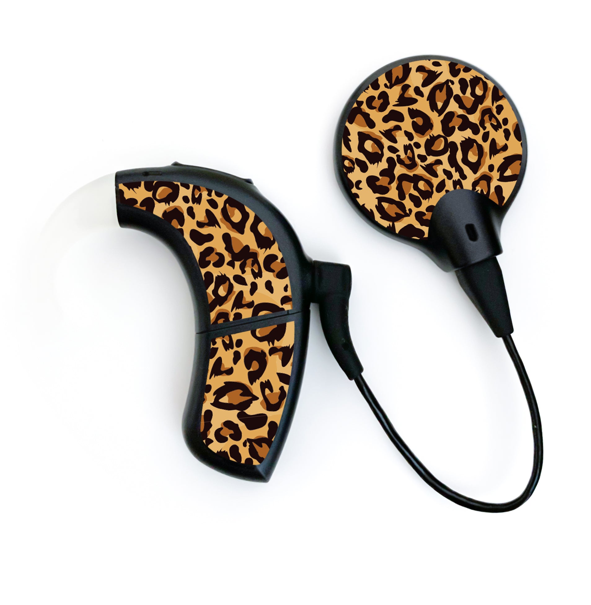 Deafmetal USA features HearSkins Hearoes brand hearing aid and cochlear implant stickers and skins to decorate hearing devices Leopard Hearing Aid and CI Skins