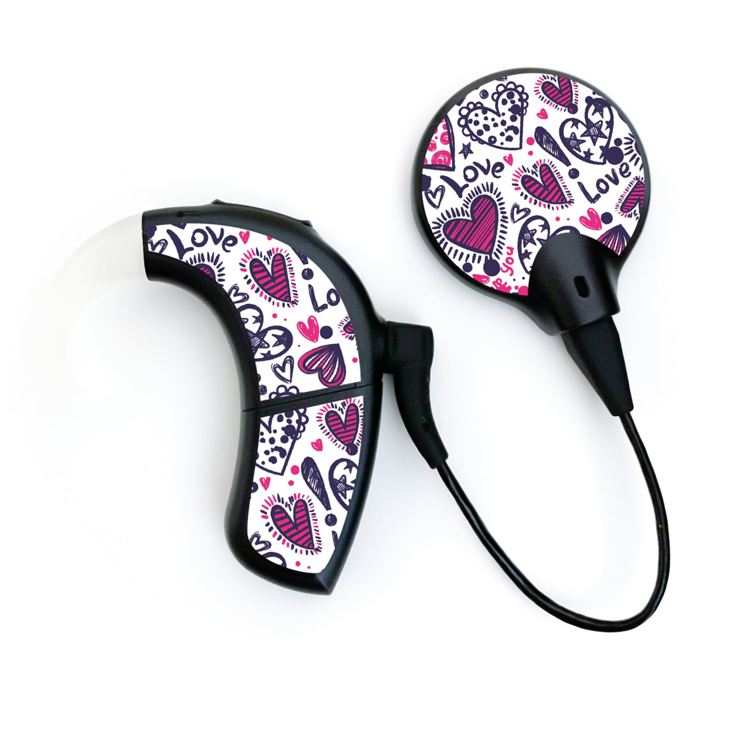 Deafmetal USA features HearSkins Hearoes brand hearing aid and cochlear implant stickers and skins to decorate hearing devices Love Hearts Hearing Aid and CI Skins