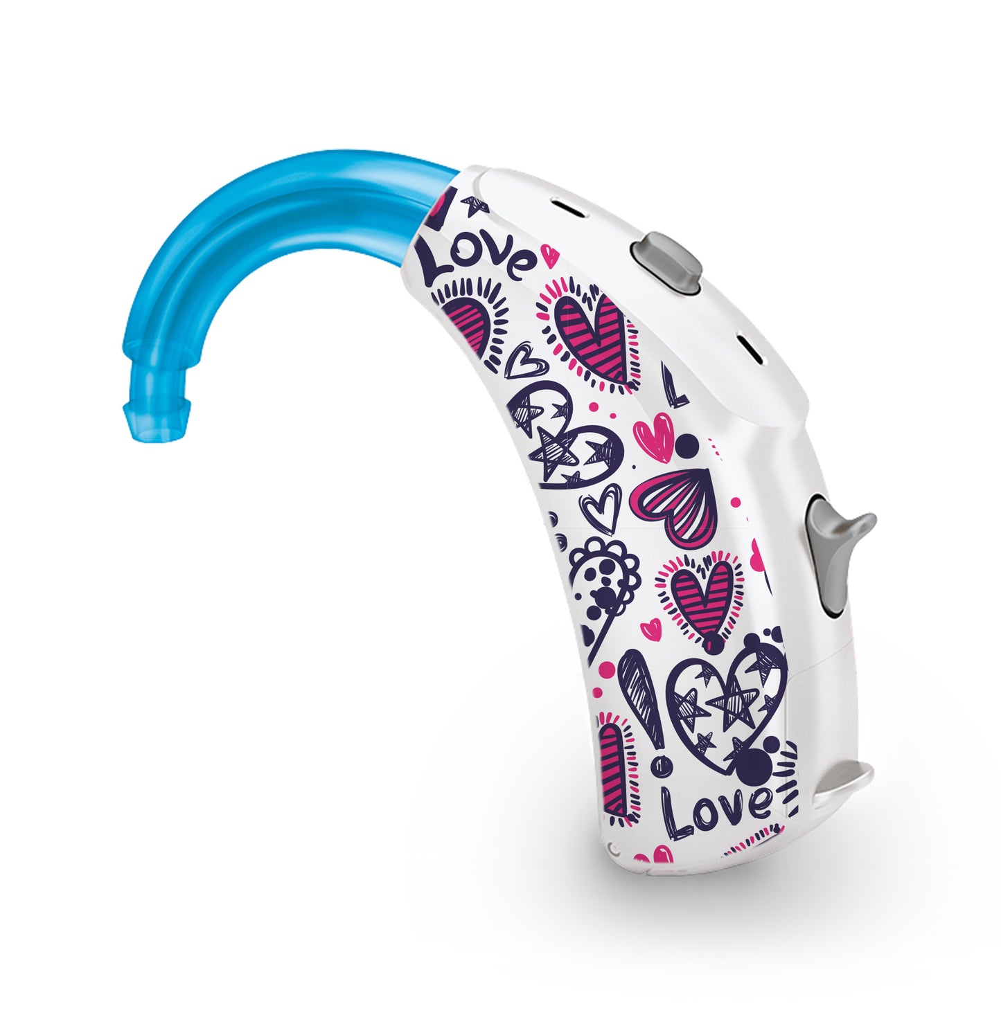 Deafmetal USA features HearSkins Hearoes brand hearing aid and cochlear implant stickers and skins to decorate hearing devices Love Hearts Hearing Aid and CI Skins