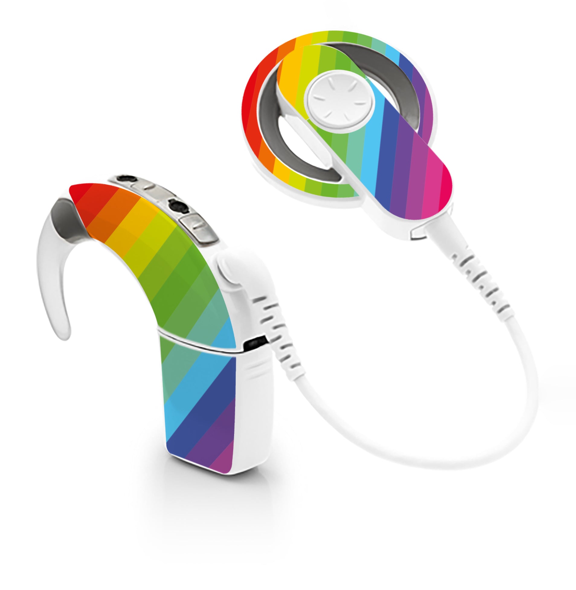 Deafmetal USA features HearSkins Hearoes brand hearing aid and cochlear implant stickers and skins to decorate hearing devices Rainbow Hearing Aid and CI Skins