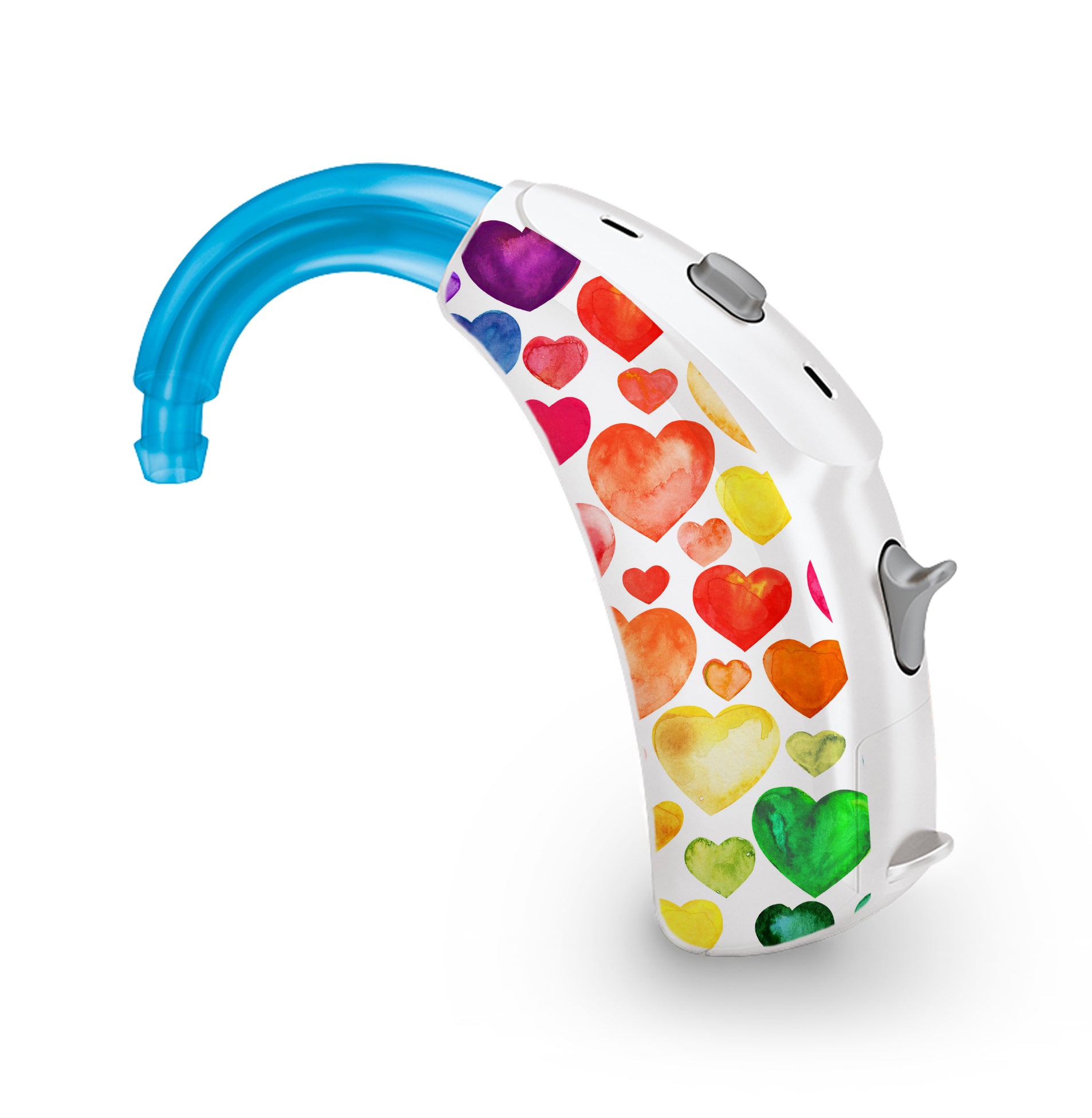 Deafmetal USA features HearSkins Hearoes brand hearing aid and cochlear implant stickers and skins to decorate hearing devices Rainbow Heart Hearing Aid and CI Skins