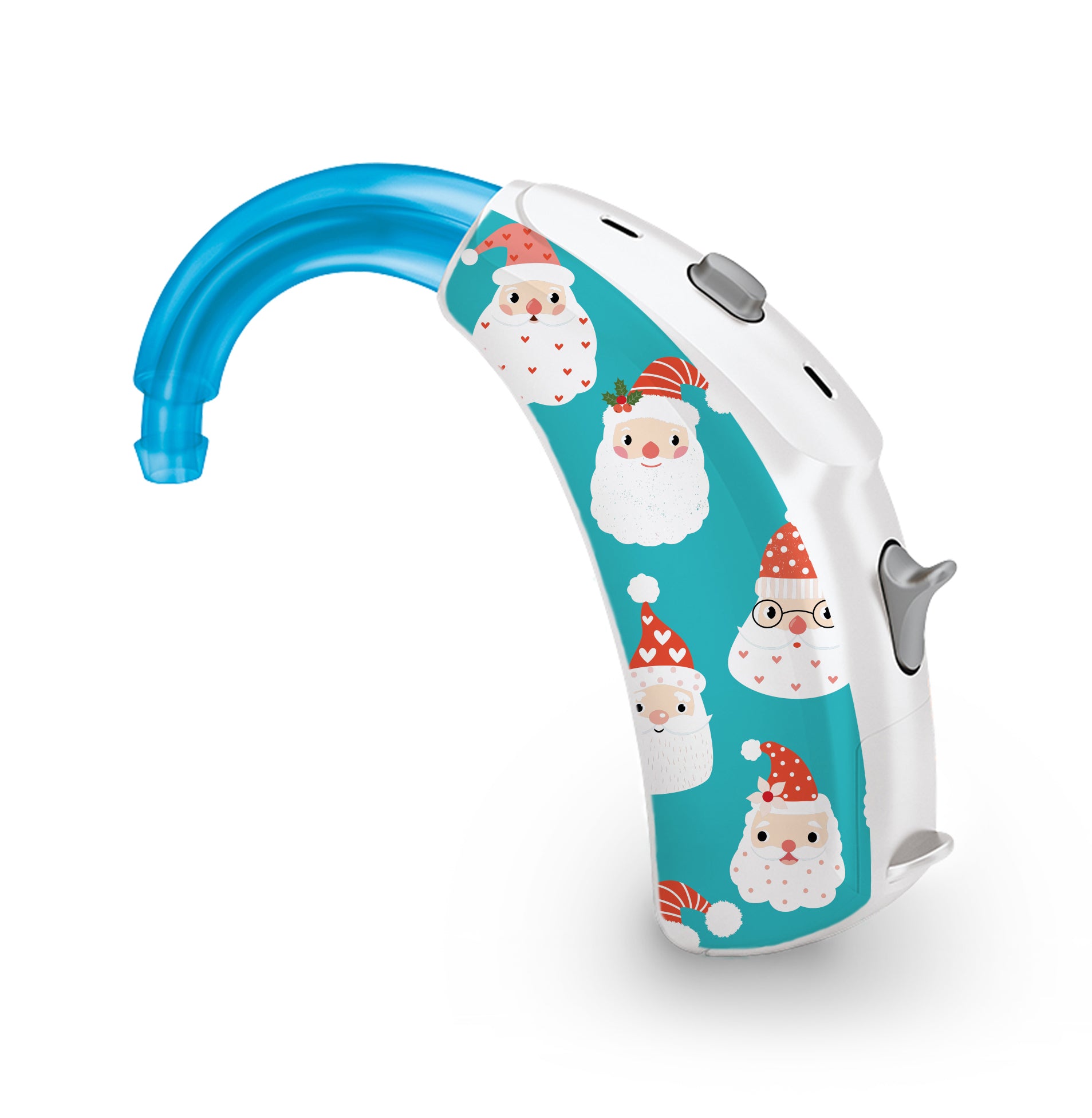 Deafmetal USA features HearSkins Hearoes brand hearing aid and cochlear implant stickers and skins to decorate hearing devices Santa Heads Hearing Aid and CI Skins