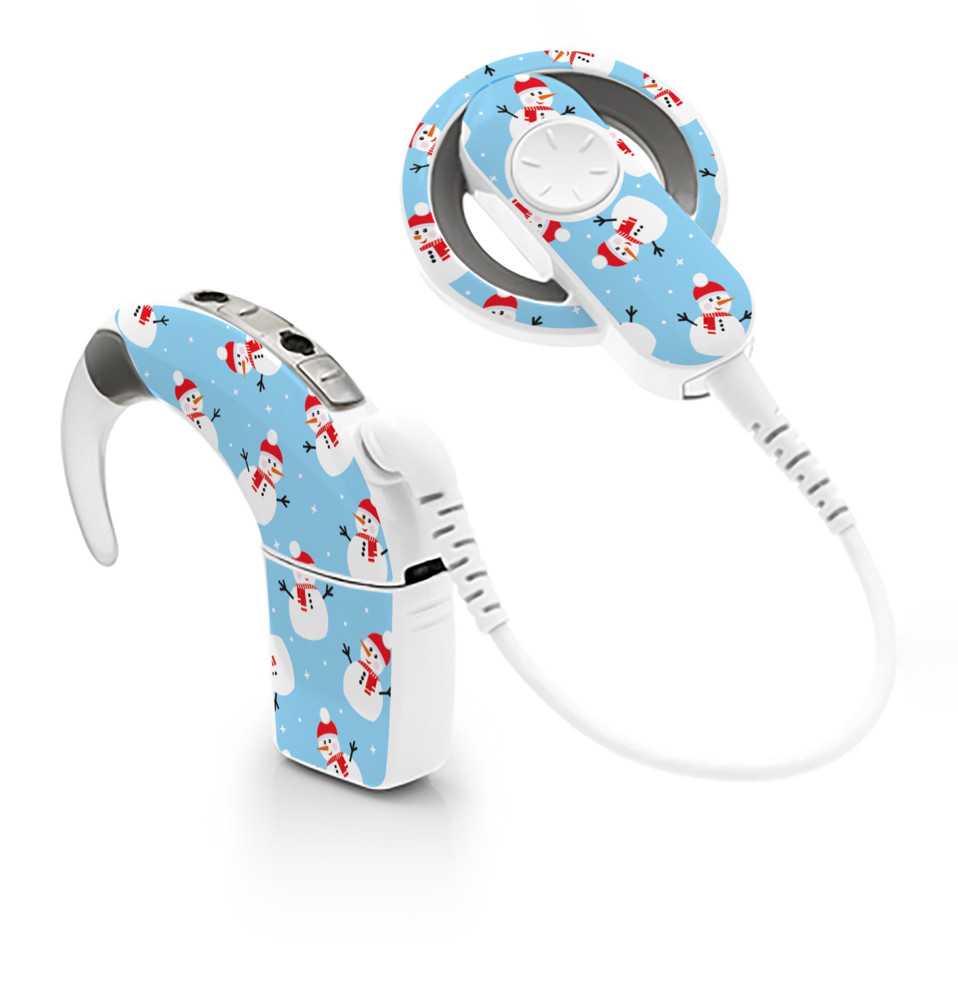 Deafmetal USA features HearSkins Hearoes brand hearing aid and cochlear implant stickers and skins to decorate hearing devices Snowman Hearing Aid and CI Skins